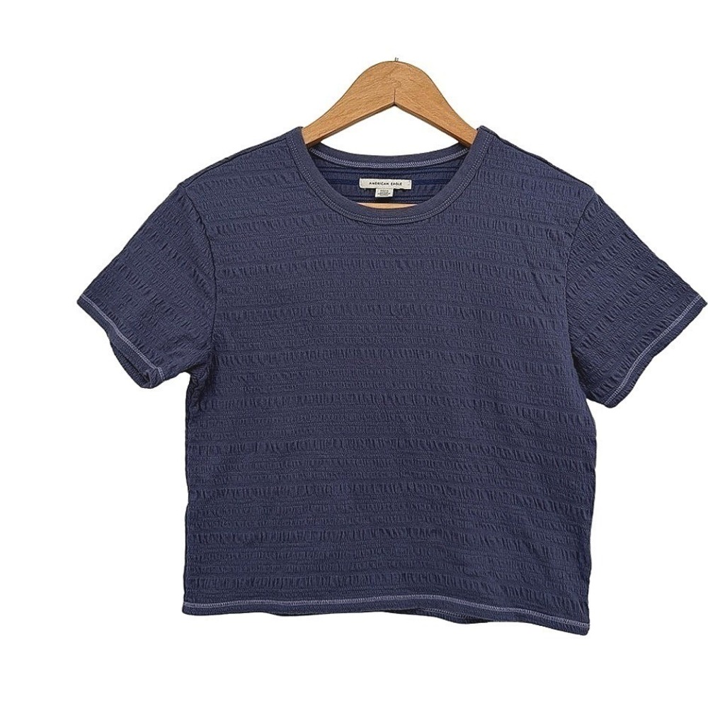 American Eagle T-Shirt Smocked Blue Short Sleeve Cropped Casual Tee Size Small